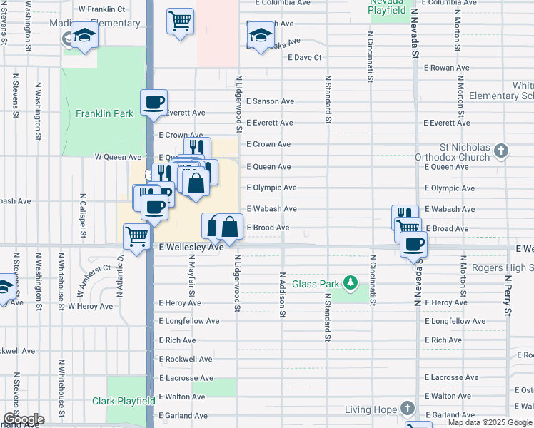 map of restaurants, bars, coffee shops, grocery stores, and more near 426 East Broad Avenue in Spokane