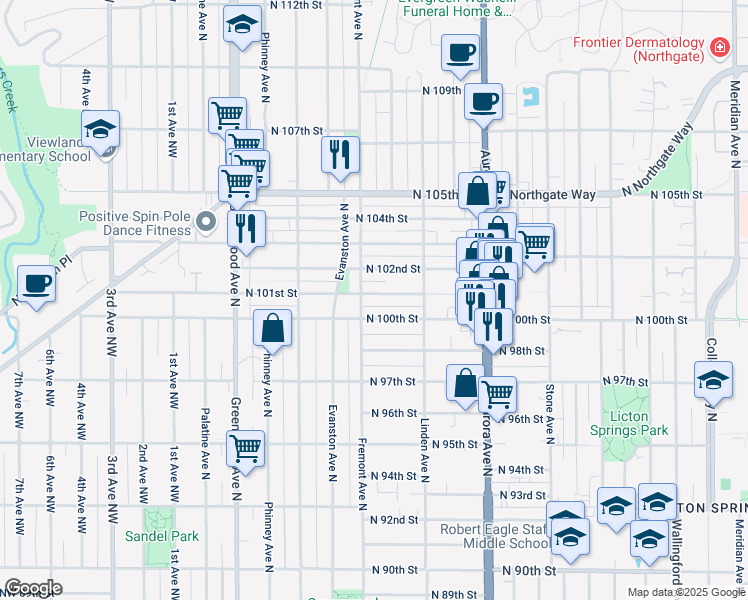 map of restaurants, bars, coffee shops, grocery stores, and more near 718 North 100th Street in Seattle