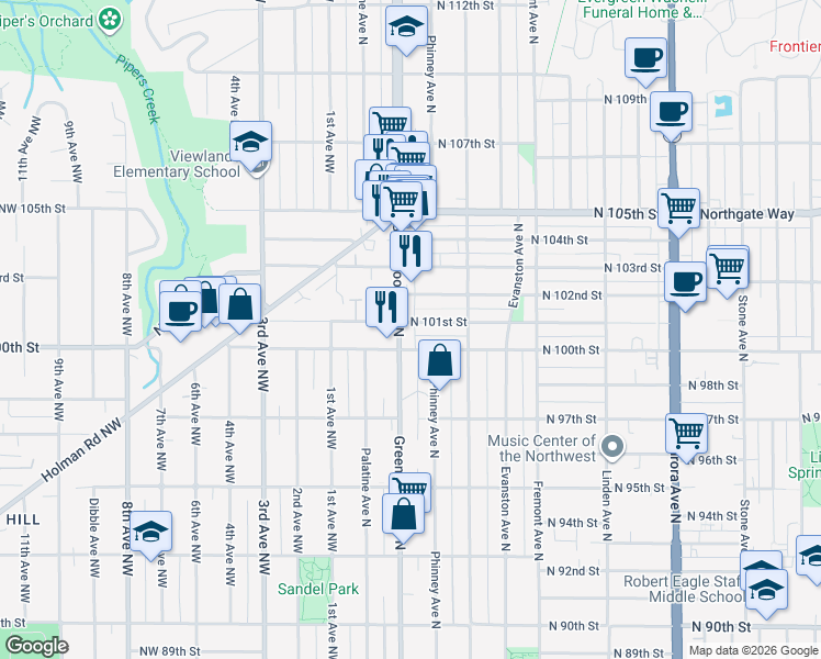 map of restaurants, bars, coffee shops, grocery stores, and more near 10000 Greenwood Avenue North in Seattle