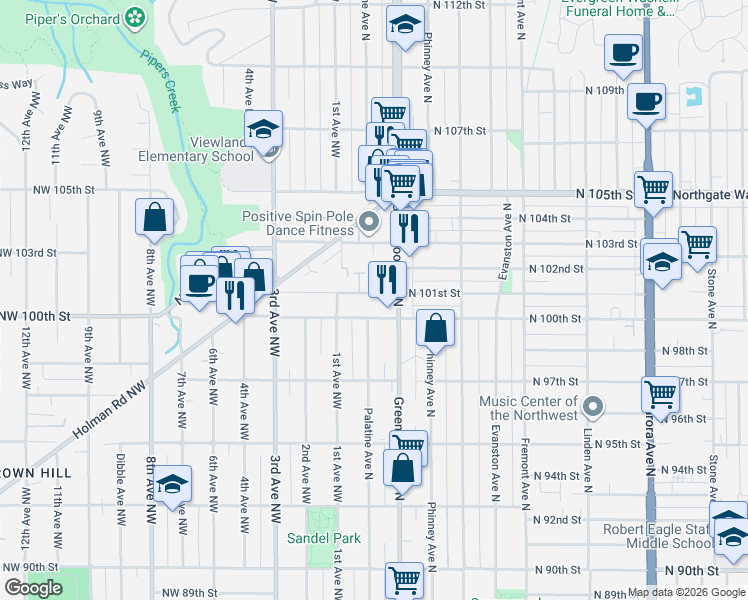 map of restaurants, bars, coffee shops, grocery stores, and more near 200 North 100th Street in Seattle