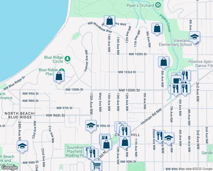 map of restaurants, bars, coffee shops, grocery stores, and more near 1405 Northwest 100th Street in Seattle