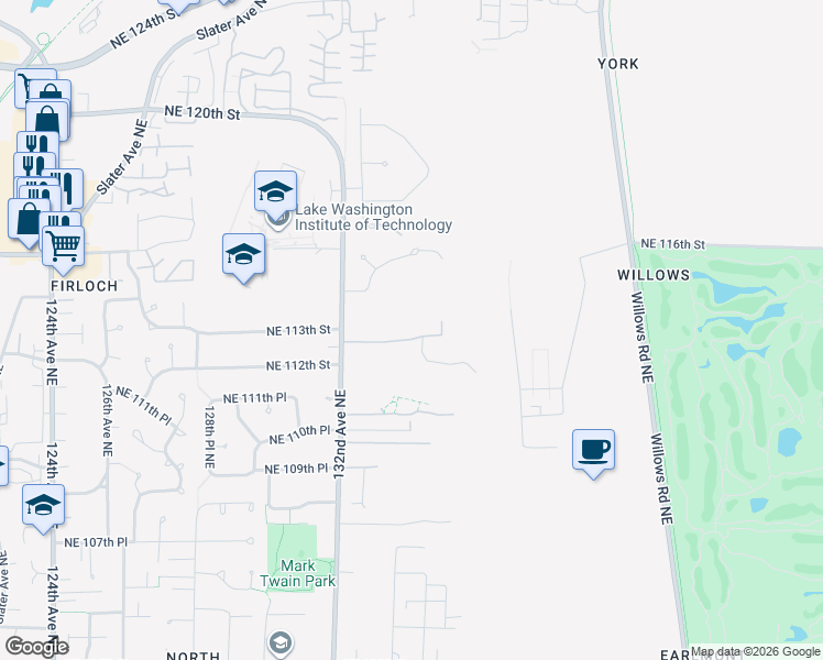 map of restaurants, bars, coffee shops, grocery stores, and more near 11260 132nd Avenue Northeast in Redmond