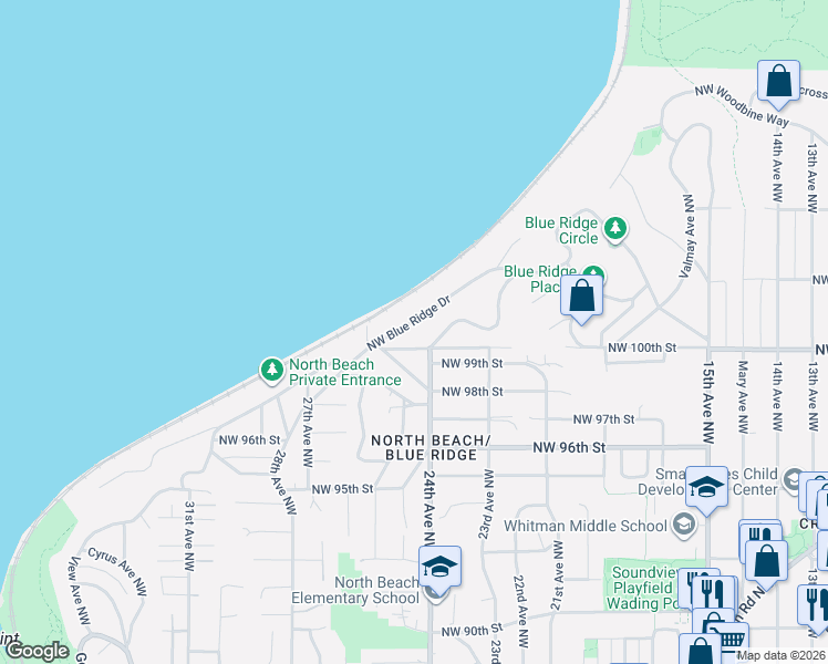 map of restaurants, bars, coffee shops, grocery stores, and more near 2411 Northwest 100th Street in Seattle