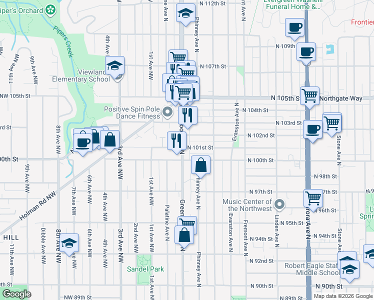 map of restaurants, bars, coffee shops, grocery stores, and more near 10000 Greenwood Avenue North in Seattle