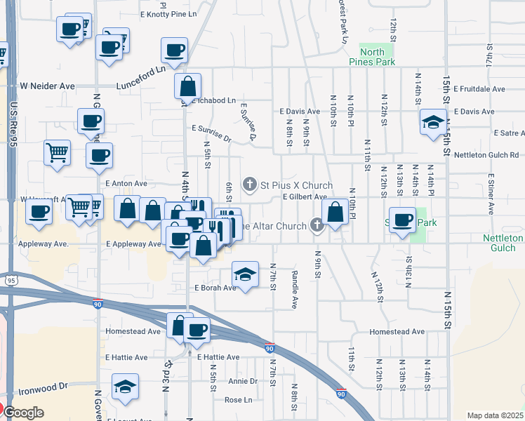 map of restaurants, bars, coffee shops, grocery stores, and more near 625 East Best Avenue in Coeur d'Alene