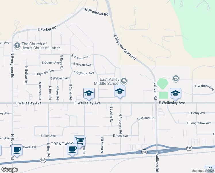 map of restaurants, bars, coffee shops, grocery stores, and more near 14924 East Summerfield Court in Spokane Valley