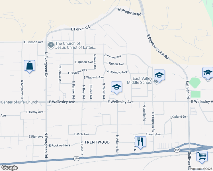 map of restaurants, bars, coffee shops, grocery stores, and more near 4817 North Calvin Road in Spokane Valley