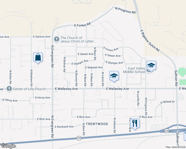 map of restaurants, bars, coffee shops, grocery stores, and more near 4906 North Rees Road in Spokane Valley