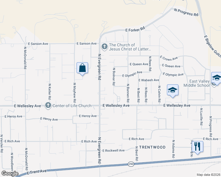 map of restaurants, bars, coffee shops, grocery stores, and more near 4910 North Evergreen Road in Spokane Valley