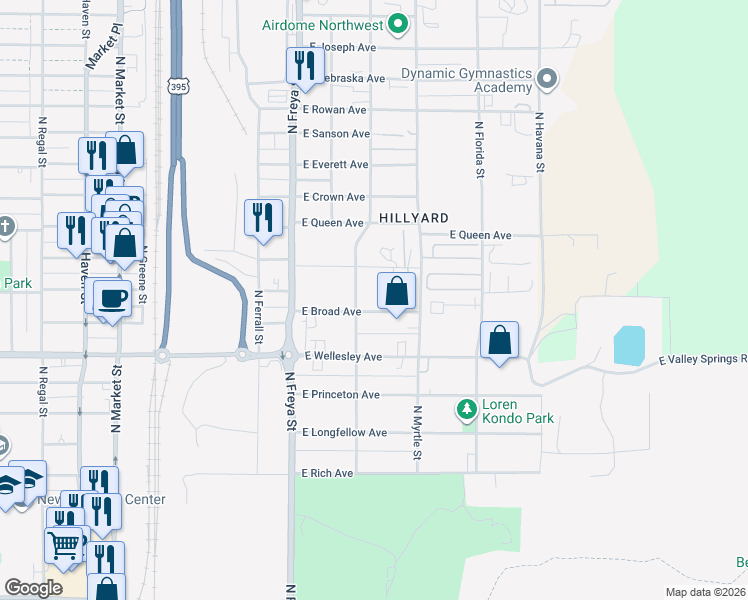 map of restaurants, bars, coffee shops, grocery stores, and more near 3814 East Broad Avenue in Spokane