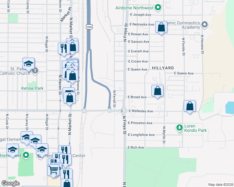 map of restaurants, bars, coffee shops, grocery stores, and more near 3507 East Broad Avenue in Spokane