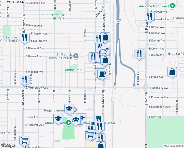 map of restaurants, bars, coffee shops, grocery stores, and more near 2913 East Broad Avenue in Spokane