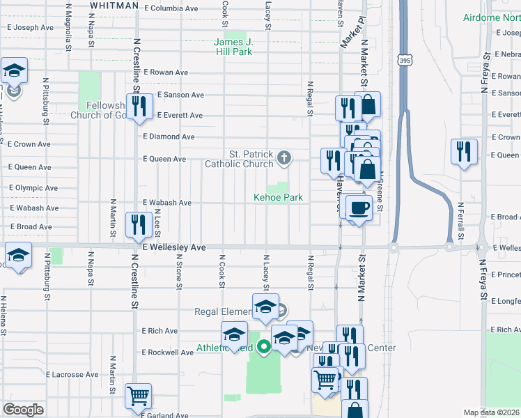 map of restaurants, bars, coffee shops, grocery stores, and more near 4804 North Lacey Street in Spokane