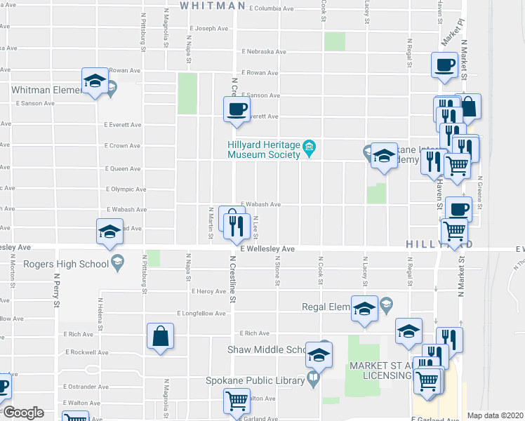 map of restaurants, bars, coffee shops, grocery stores, and more near 4803 North Stone Street in Spokane