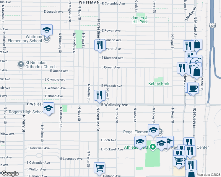 map of restaurants, bars, coffee shops, grocery stores, and more near 4803 North Stone Street in Spokane