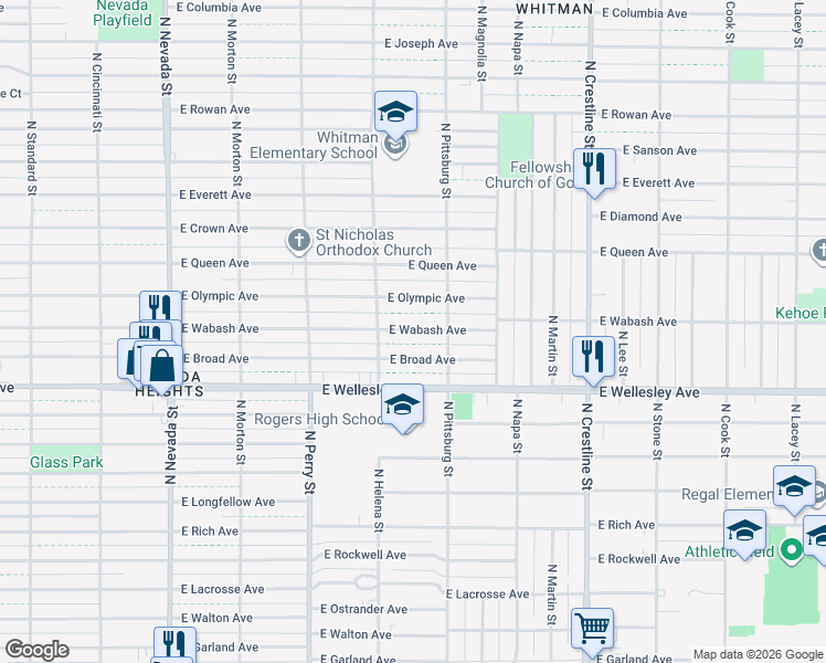 map of restaurants, bars, coffee shops, grocery stores, and more near 1633 East Broad Avenue in Spokane