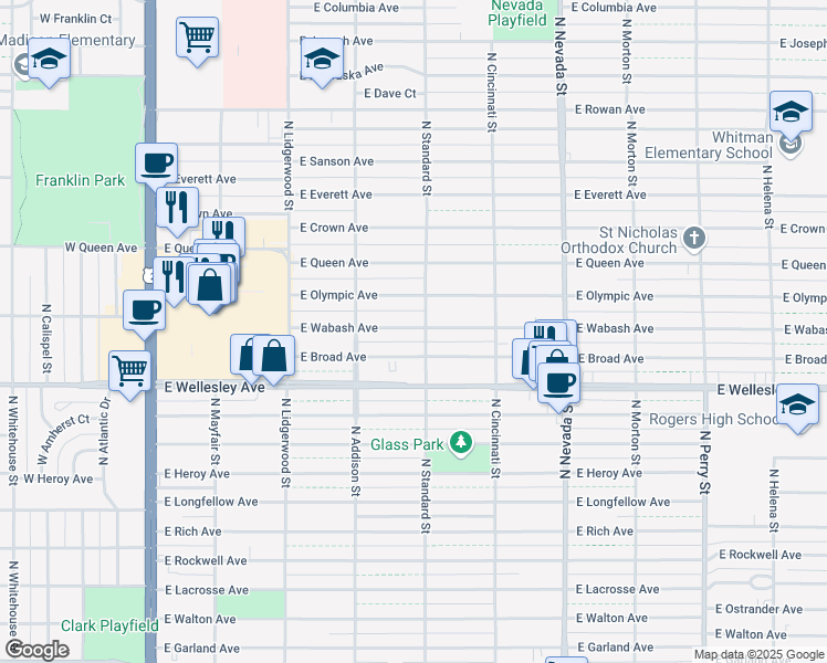 map of restaurants, bars, coffee shops, grocery stores, and more near 603 East Broad Avenue in Spokane