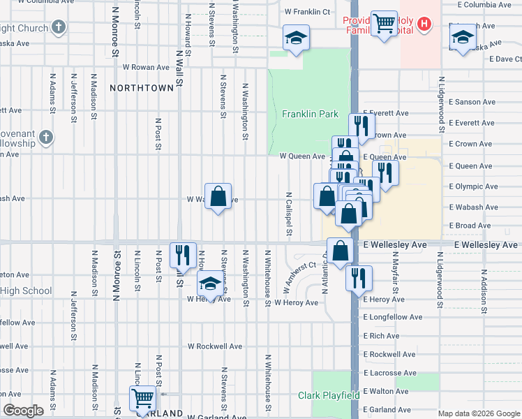 map of restaurants, bars, coffee shops, grocery stores, and more near 4723 North Whitehouse Street in Spokane