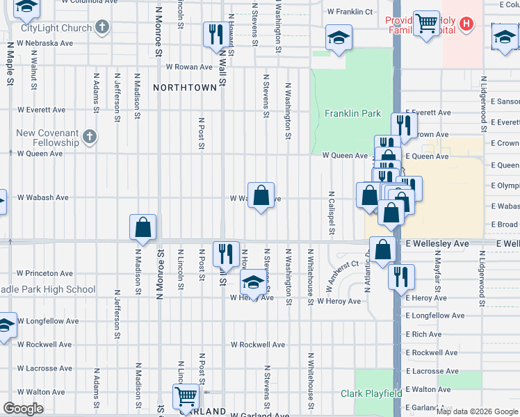 map of restaurants, bars, coffee shops, grocery stores, and more near 4727 North Stevens Street in Spokane