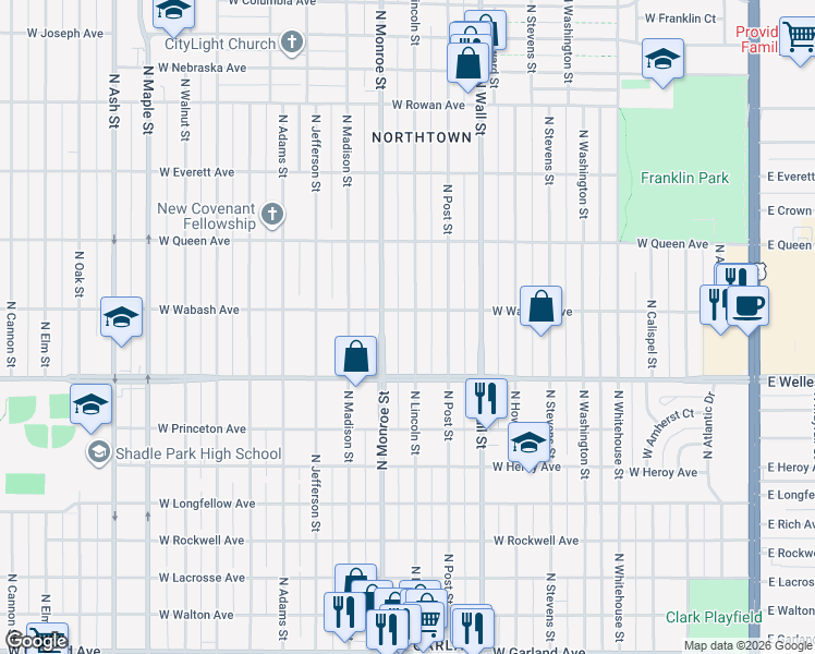 map of restaurants, bars, coffee shops, grocery stores, and more near 4726 North Lincoln Street in Spokane