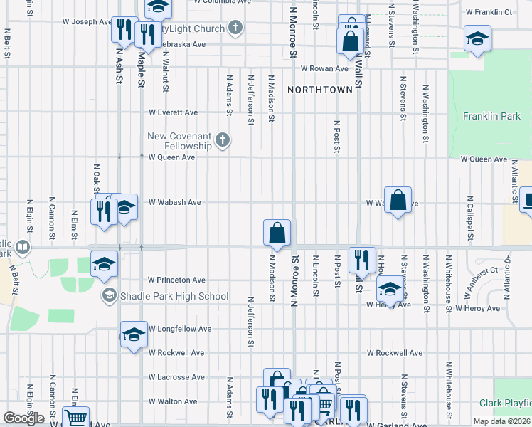 map of restaurants, bars, coffee shops, grocery stores, and more near 4727 North Madison Street in Spokane