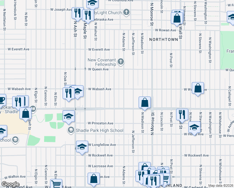 map of restaurants, bars, coffee shops, grocery stores, and more near 4724 North Hawthorne Street in Spokane