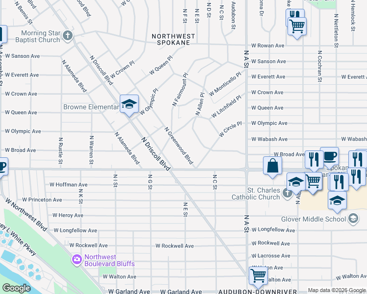 map of restaurants, bars, coffee shops, grocery stores, and more near 4726 North Greenwood Boulevard in Spokane