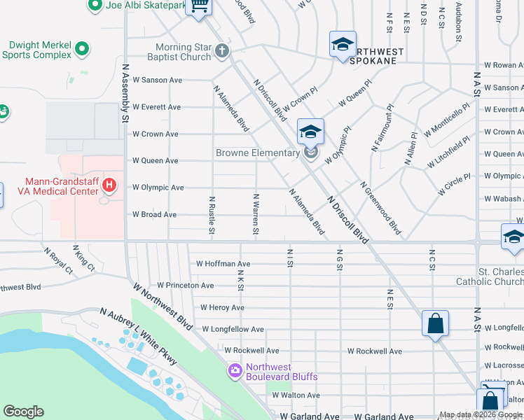 map of restaurants, bars, coffee shops, grocery stores, and more near 3711 West Broad Avenue in Spokane