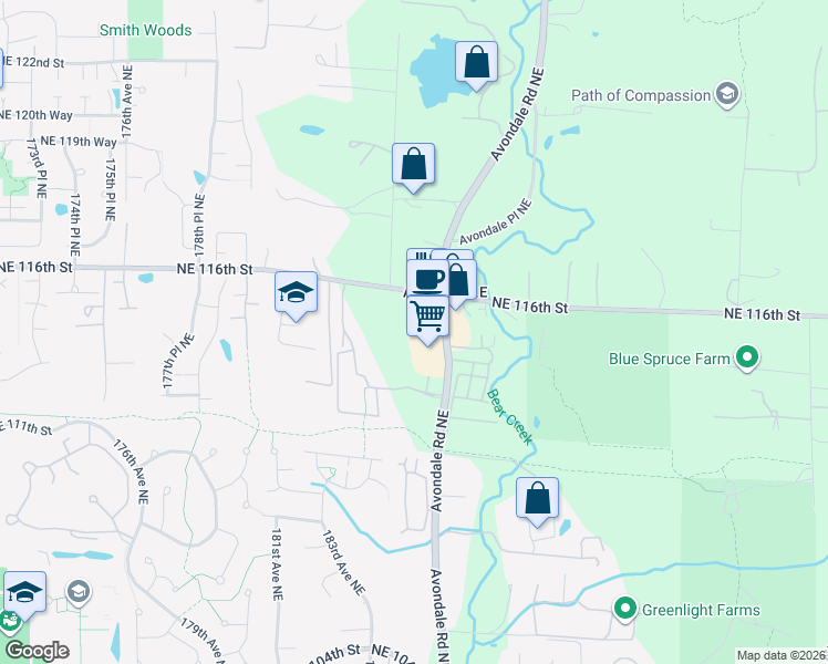 map of restaurants, bars, coffee shops, grocery stores, and more near 11408 183rd Place Northeast in Redmond