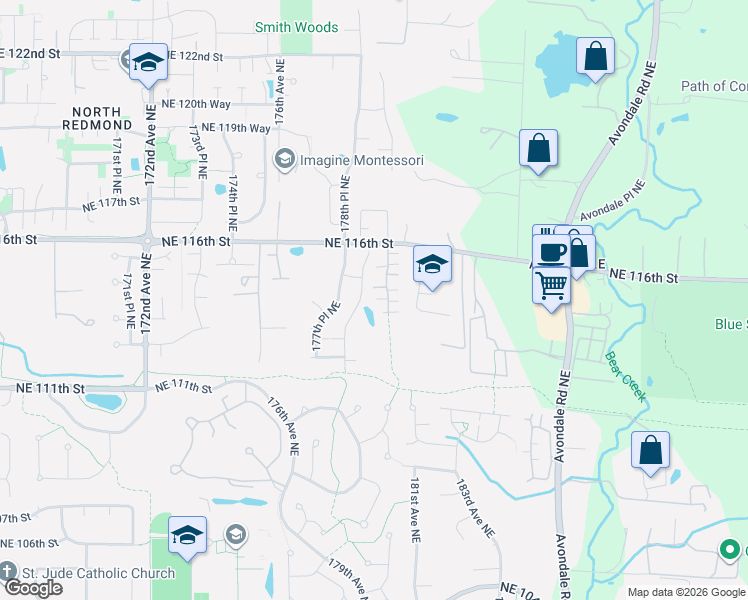 map of restaurants, bars, coffee shops, grocery stores, and more near 11338 178th Place Northeast in Redmond