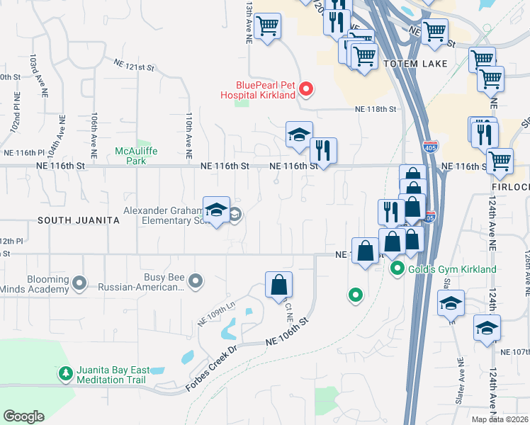 map of restaurants, bars, coffee shops, grocery stores, and more near 11242 Northeast 112th Street in Kirkland