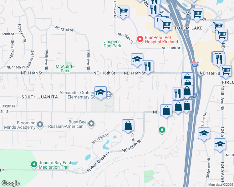 map of restaurants, bars, coffee shops, grocery stores, and more near 11242 Northeast 112th Street in Kirkland