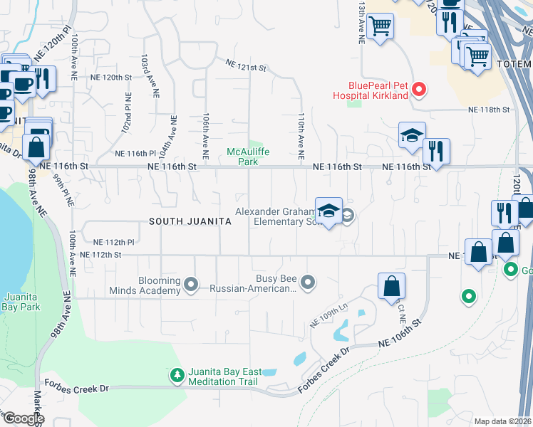 map of restaurants, bars, coffee shops, grocery stores, and more near 11227 109th Avenue Northeast in Kirkland