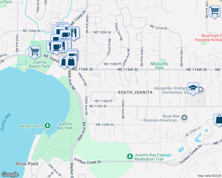 map of restaurants, bars, coffee shops, grocery stores, and more near 10151 Northeast 113th Place in Kirkland
