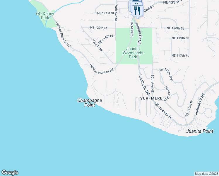 map of restaurants, bars, coffee shops, grocery stores, and more near 11211 Champagne Point Road Northeast in Kirkland