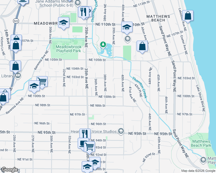 map of restaurants, bars, coffee shops, grocery stores, and more near 10016 38th Avenue Northeast in Seattle