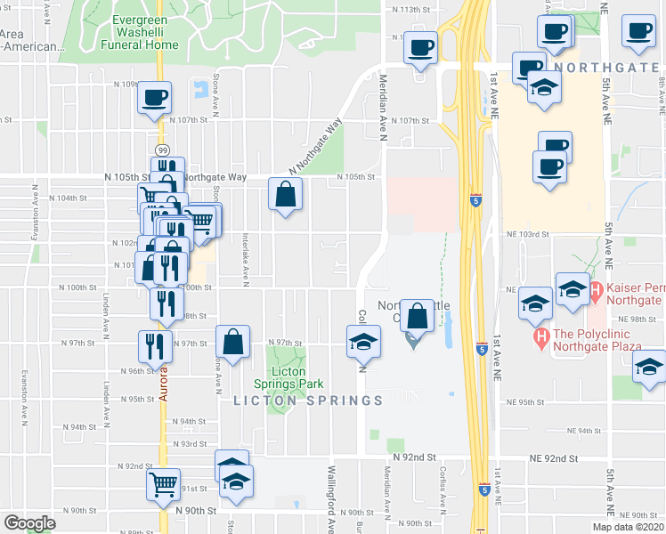 map of restaurants, bars, coffee shops, grocery stores, and more near 1710 North 100th Street in Seattle