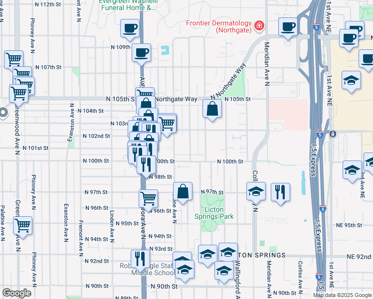 map of restaurants, bars, coffee shops, grocery stores, and more near 1306 North 100th Street in Seattle