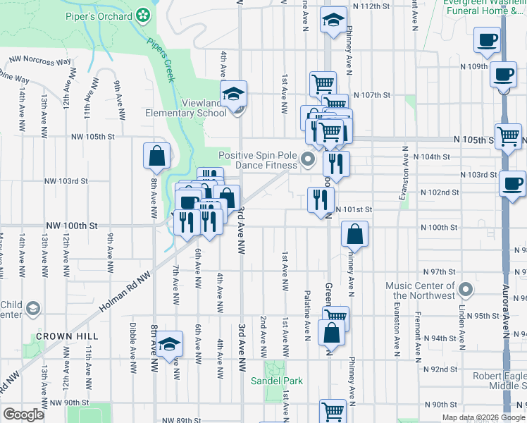 map of restaurants, bars, coffee shops, grocery stores, and more near 128 Northwest 100th Street in Seattle