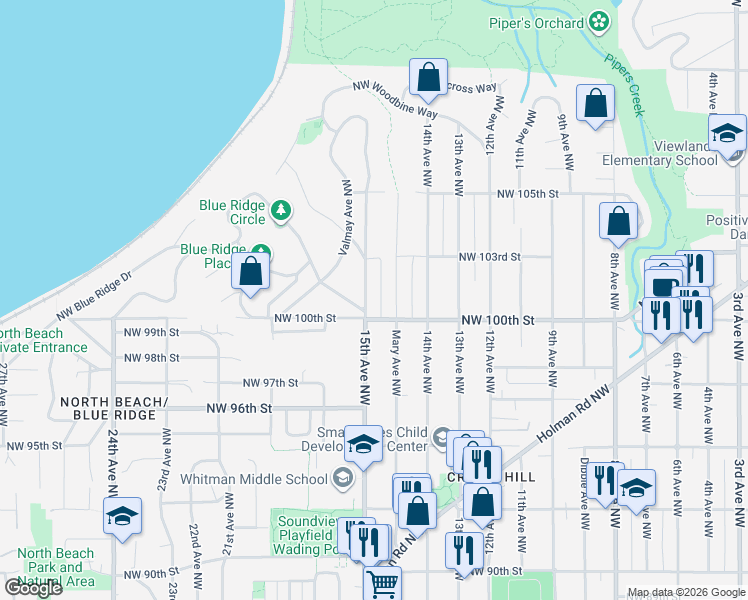 map of restaurants, bars, coffee shops, grocery stores, and more near in Seattle