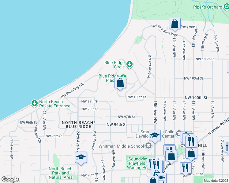 map of restaurants, bars, coffee shops, grocery stores, and more near 1927 Northwest 100th Street in Seattle