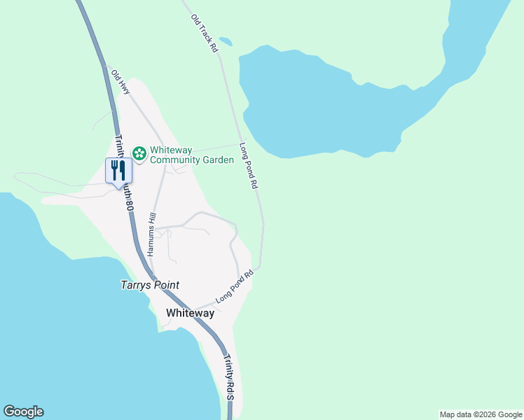 map of restaurants, bars, coffee shops, grocery stores, and more near Old Track Road in Whiteway