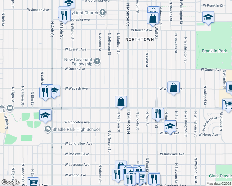 map of restaurants, bars, coffee shops, grocery stores, and more near 4727 North Madison Street in Spokane