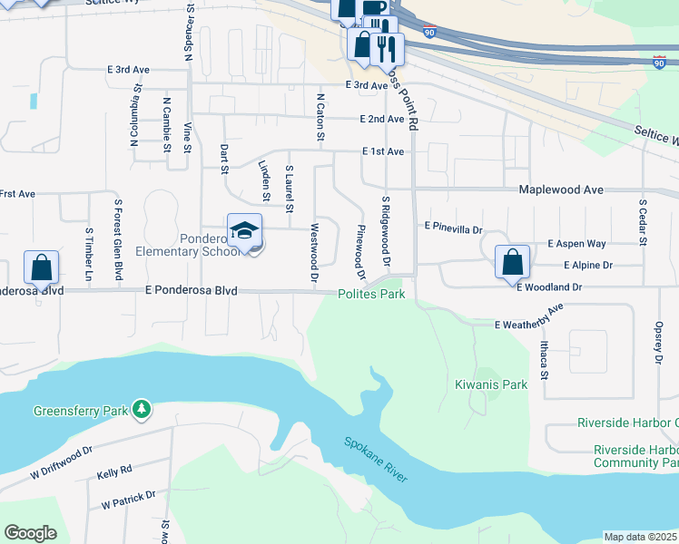map of restaurants, bars, coffee shops, grocery stores, and more near 3735 East Ponderosa Boulevard in Post Falls