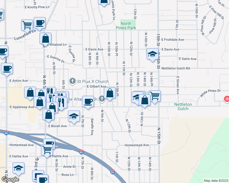 map of restaurants, bars, coffee shops, grocery stores, and more near 2616 North 10th Place in Coeur d'Alene