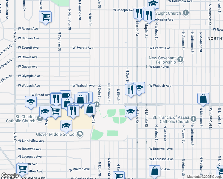map of restaurants, bars, coffee shops, grocery stores, and more near 4723 North Elm Street in Spokane