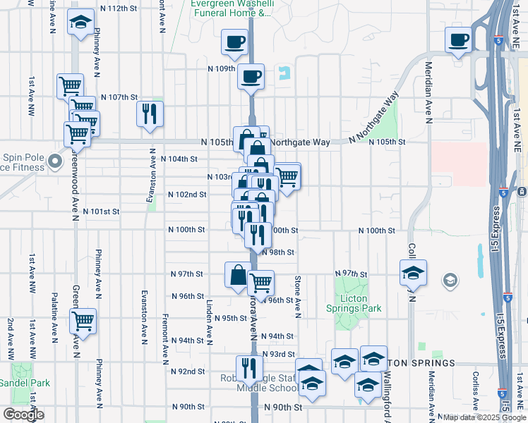 map of restaurants, bars, coffee shops, grocery stores, and more near in Seattle