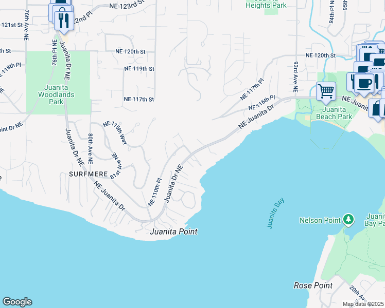 map of restaurants, bars, coffee shops, grocery stores, and more near 8605 Northeast Juanita Drive in Kirkland