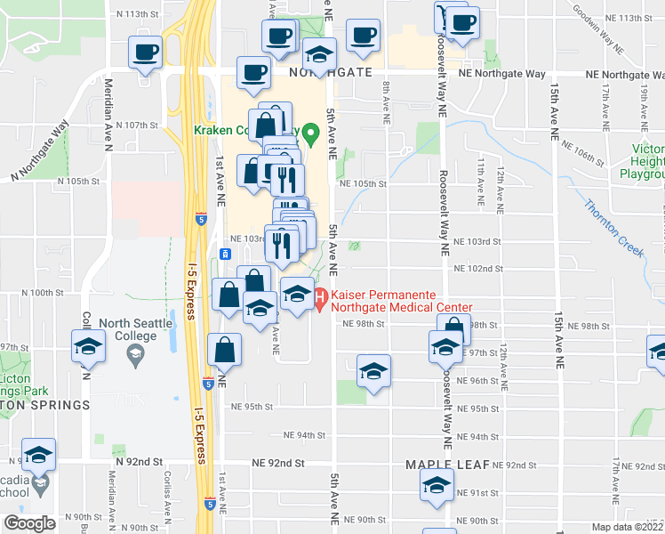 map of restaurants, bars, coffee shops, grocery stores, and more near 501 Northeast 102nd Street in Seattle