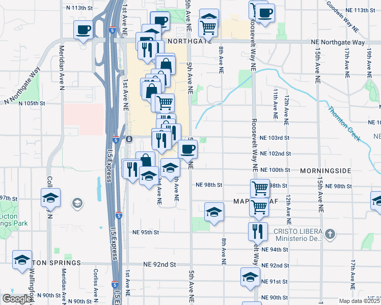 map of restaurants, bars, coffee shops, grocery stores, and more near 5th Ave NE & NE 102nd St in Seattle
